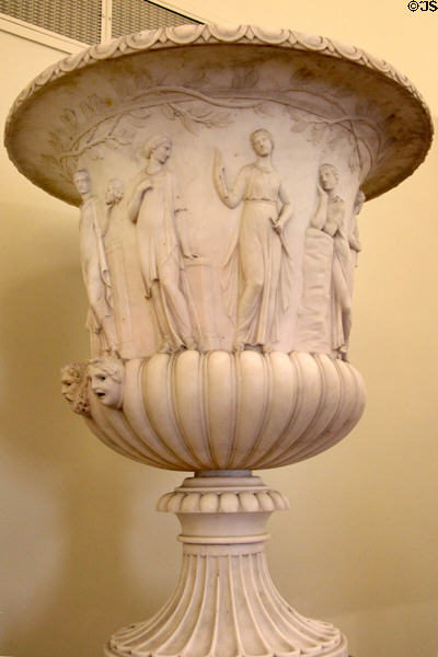 Classical-style Carrara marble urn with Apollonian Muses (18thC) by unknown in State Corridor at Dublin Castle. Dublin, Ireland.