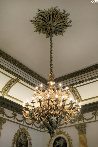 Throne room brass chandelier (1839) by Higginbotham, Thomas & Co. with symbols of the UK at Dublin Castle. Dublin, Ireland.