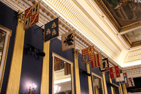 Banners of knights of Order of St Patrick (Ireland's order of chivalry) at Dublin Castle. Dublin, Ireland.