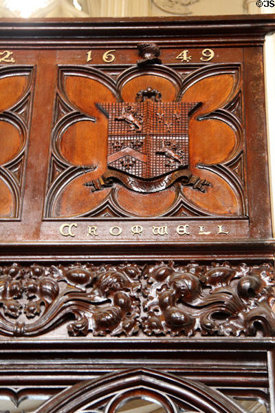 Carved coat of arms of Cromwell (1649) in Chapel Royal at Dublin Castle. Dublin, Ireland.