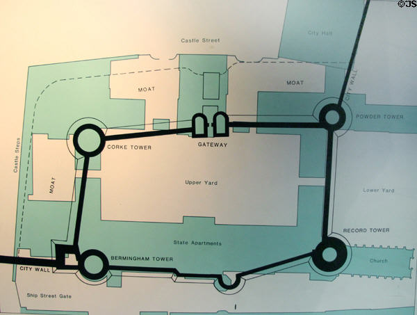 Map of Norman walls (black) over current green structure of Dublin Castle. Dublin, Ireland.