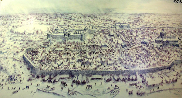 Reconstructed drawing of Medieval Norman town of Dublin (c1285) at Dublin Castle. Dublin, Ireland.