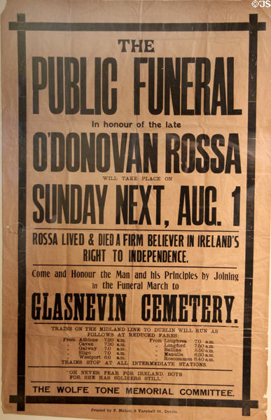 Poster for funeral of O'Donovan Rossa, a Fenian leader, (1915) for whom Patrick Pearse delivered the oration & which assured his position as leader of the Easter Rising at Pearse Museum. Dublin, Ireland.