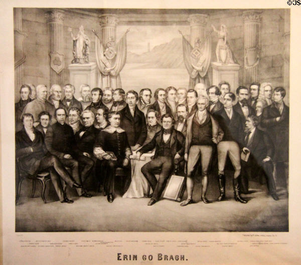 Erin go Bragh graphic (mid 1800s) imagined montage of Irish nationalist including Daniel O'Connell seated in middle at Pearse Museum. Dublin, Ireland.