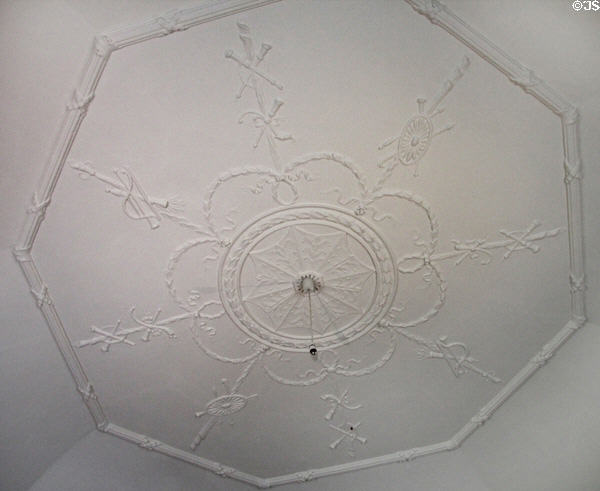 Octagonal room ceiling decorated with Roman symbols of war at Rathfarnham Castle. Dublin, Ireland.
