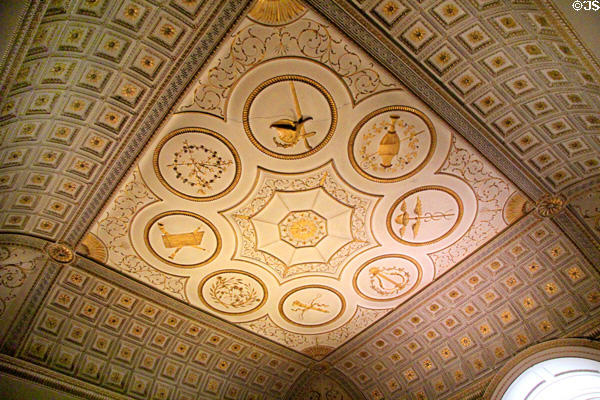 Gilt room ceiling painting with symbols of Greek gods by James 'Athenian' Stuart at Rathfarnham Castle. Dublin, Ireland.