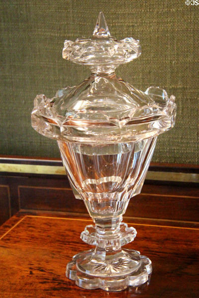 Cut glass covered compote dish in dining room at Emo Court. Ireland.