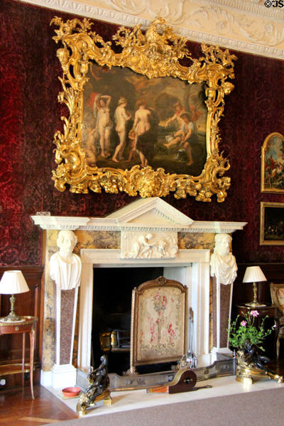 Judgment of Paris by Peter Paul Rubens over fireplace by Thomas Carter the Younger of London in the saloon at Russborough House. Ireland.
