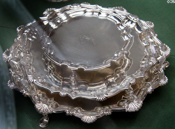 Silver circular waiters trays (1731 & 43) from London at Russborough House. Ireland.