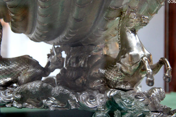 Sea-horse detail of silver centerpiece bowl resting on three sea-horses (1824) by John Flaxman for Rundell, Bridge & Rundell of London at Russborough House. Ireland.