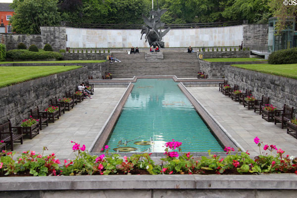 Garden of Remembrance rises to Children of Lir sculpture. Dublin, Ireland.