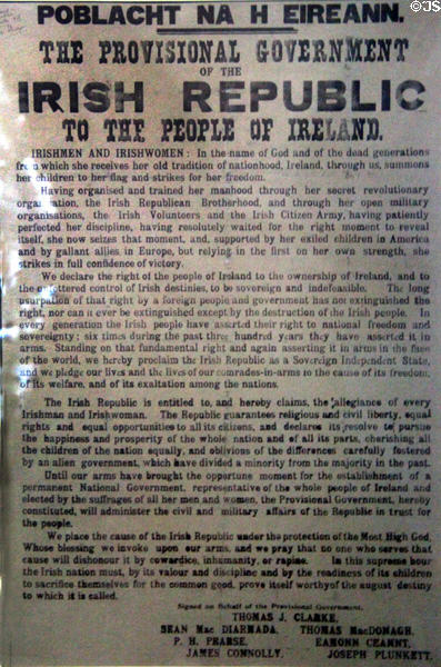 Poster declaring Irish Republic first read in public when 1916 Easter Rising occupied General Post Office as its HQ at GPO Museum. Dublin, Ireland.