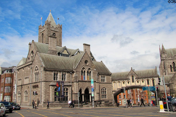 Former St Michaels church (left) connected (1870s) by enclosed bridge across Winetavern St. to Christ Church Cathedral. Dublin, Ireland.