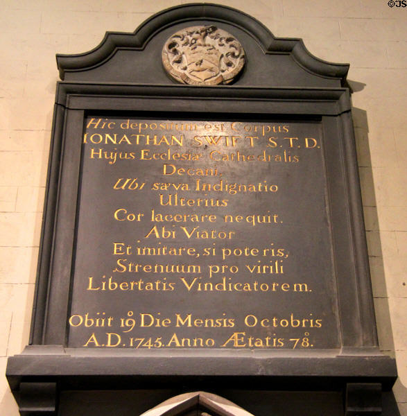 Epitaph for poet Jonathan Swift at St Patrick's Cathedral. Dublin, Ireland.