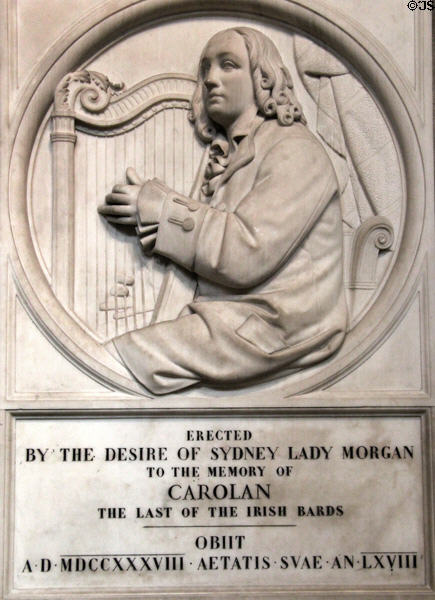 Monument (1768) to Carolan, last of Irish Bards, with harp at St Patrick's Cathedral. Dublin, Ireland.
