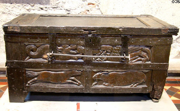 Carved oak chest (14thC) used for church valuables at St Patrick's Cathedral. Dublin, Ireland.