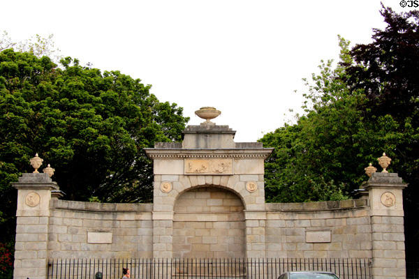 Neoclassical arch marks Merrion Square. Dublin, Ireland.