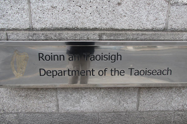 Sign for Prime Minister of Ireland (Department of the Taoiseach) near Merrion Square. Dublin, Ireland.