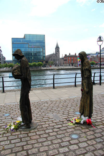 Famine Monument (1997) by Rowan Gillespie on Custom House Quay beside River Liffey. Dublin, Ireland.