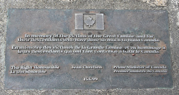 Canadian plaque remembering victims of Great Irish Famine at Famine Monument. Dublin, Ireland.