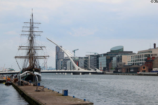 Jeanie Johnstone Tall Ship docked on River Liffey with Samuel Beckett Bridge beyond. Dublin, Ireland.
