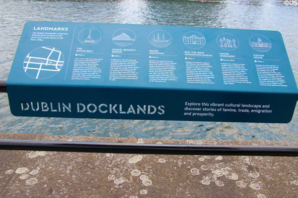 Dublin Docklands landmarks signage explains attractions. Dublin, Ireland.
