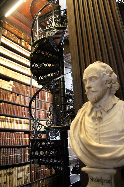 Bust of Shakespeare before spiral stairs at Old Trinity Library. Dublin, Ireland.