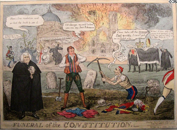 Funeral of the Constitution cartoon (1829) by Isaac Cruikshank (?) reflects worry about impact on Church of England of Catholic Emancipation Act resulting from pressure by 'Liberator' Daniel O'Connell at Old Trinity Library. Dublin, Ireland.