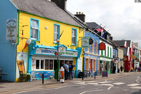 Brightly decorated store fronts in Dingle. Dingle, Ireland.