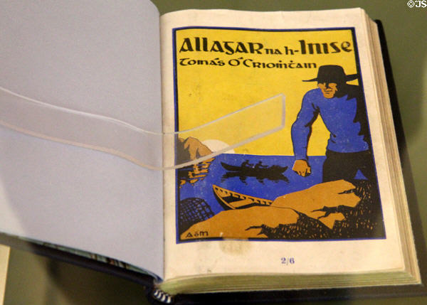 Book entitled Allagar na hInise (1928) by Tomás O'Criointain about Blasket Islanders at Great Blasket Centre museum on Dingle Peninsula. Ireland.