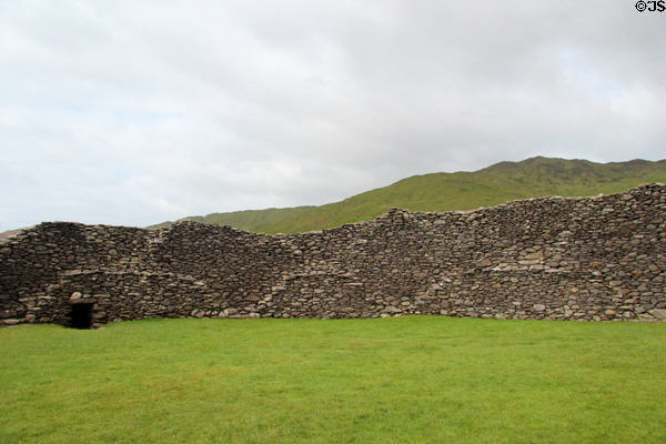 Interior stone walls with stairs for defenders of Staigue Fort in its desolate setting on Ring of Kerry. Ireland.