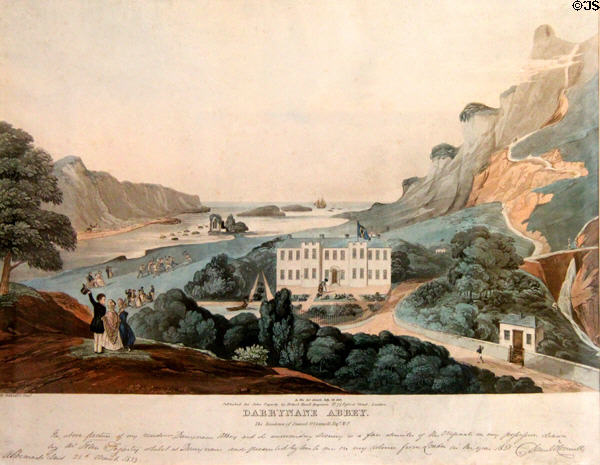 Print (1833) of Derrynane Abbey & surrounding scenery at Derrynane House. Ireland.