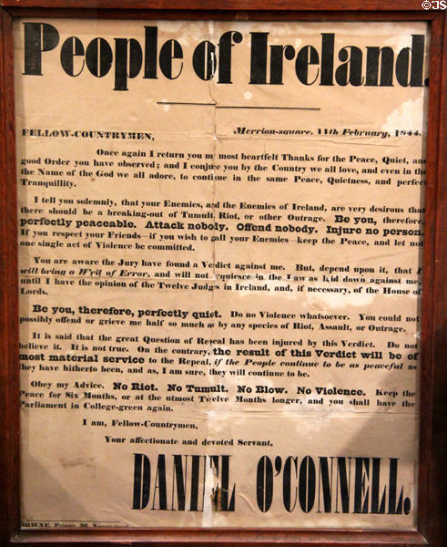 Proclamation (1844) to People of Ireland from Daniel O'Connell urging only non-violent demonstrations for repeal of Act of Union & an independent Ireland at Derrynane House. Ireland.
