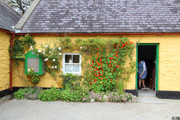 Entrance with climbing roses & nasturtiums at Quille's farm at Muckross Traditional Farms in Killarney National Park. Killarney, Ireland.
