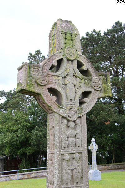 Details of replica Cross of Scriptures (originals now moved to museum building) at Clonmacnoise. Ireland.