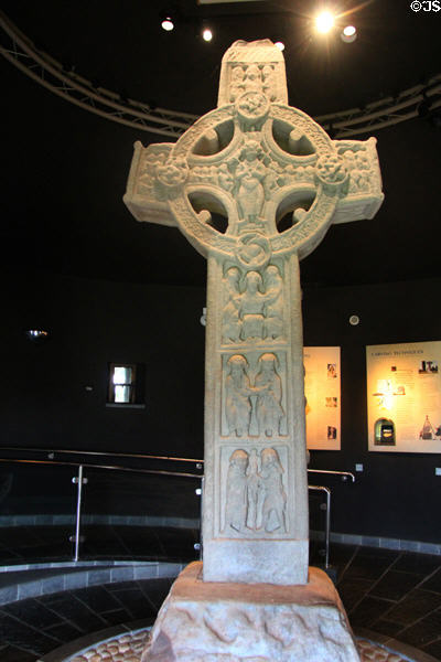 Cross of Scriptures (c10thC) (east face) features Last Judgment in wheel at Clonmacnoise museum. Ireland.