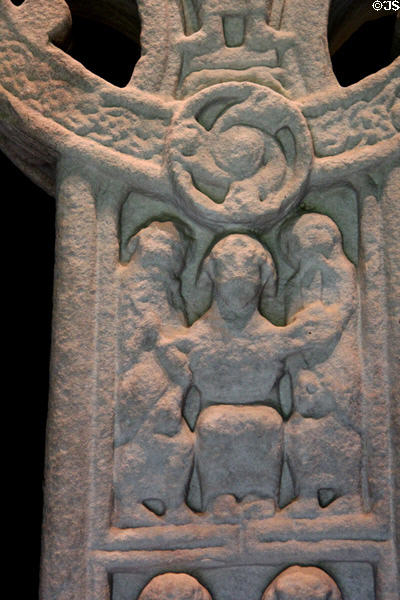 Christ gives keys to Peter & book to Paul detail on Cross of Scriptures (east face) at Clonmacnoise museum. Ireland.
