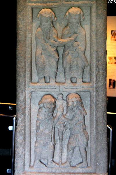Secular panels on Cross of Scriptures (east face) at Clonmacnoise museum. Ireland.