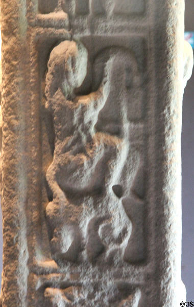 David playing lyre detail on Cross of Scriptures (south edge) at Clonmacnoise museum. Ireland.