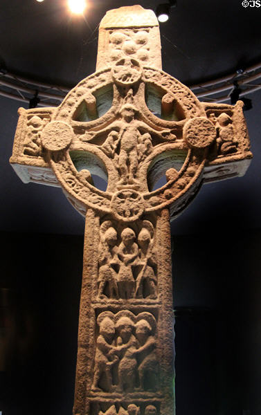 Cross of Scriptures (west face) features Crucifixion in wheel at Clonmacnoise museum. Ireland.