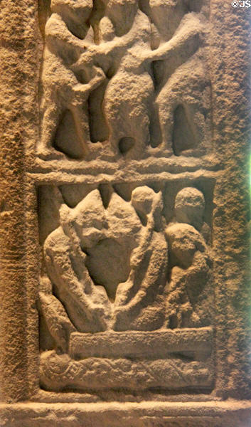 Christ in tomb carving on cross of Scriptures (east face) at Clonmacnoise museum. Ireland.
