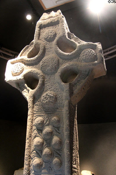 Bosses & interlacing detail on reverse of South Cross at Clonmacnoise museum. Ireland.
