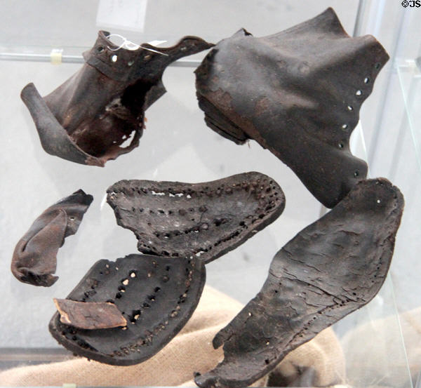 Pieces of leather shoes worn by residents at Irish Workhouse Centre. Portumna, Ireland.