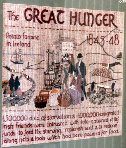 Great Hunger potato famine embroidery (1987) at Irish National Famine Museum. Vesnoy, Ireland.