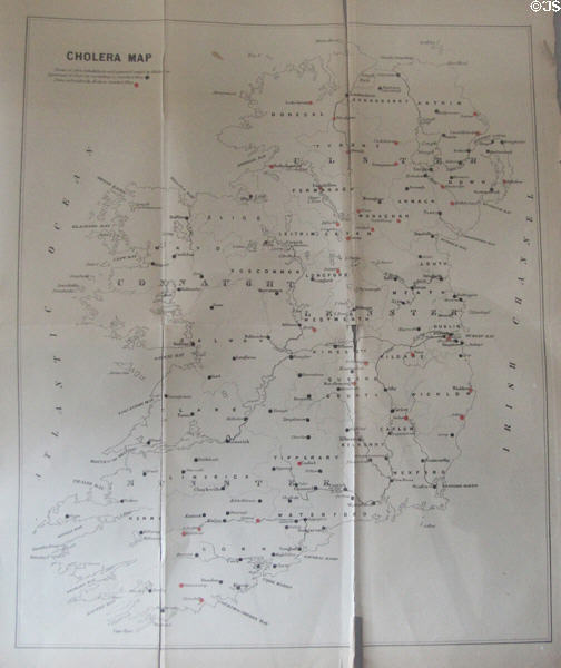 Cholera map of Ireland (1846-52) at Irish National Famine Museum. Vesnoy, Ireland.