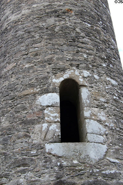 Round tower entrance door (12 feet above ground for defense) at Glendalough. Ireland.