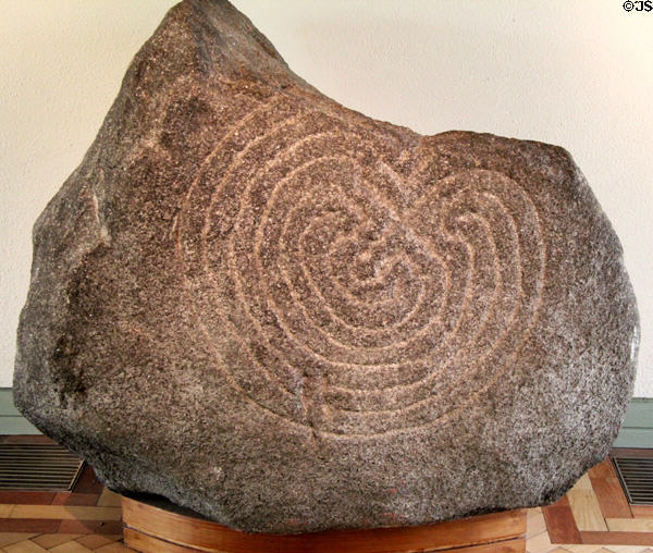 Hollywood stone with labyrinth pattern (perhaps Medieval Christian) at Glendalough Visitor Centre. Ireland.