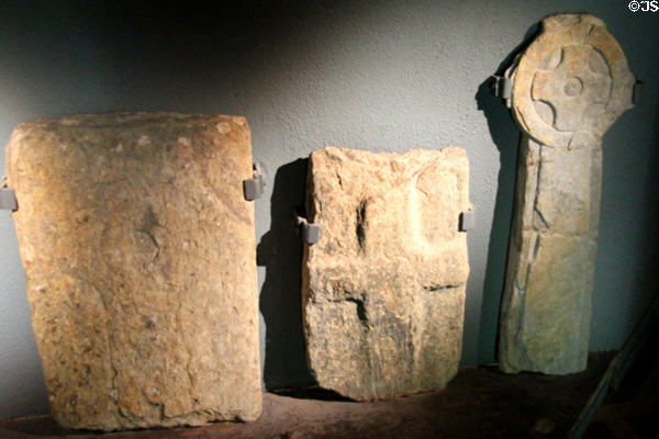 Medieval Christian tombstones at Glendalough Visitor Centre. Ireland.