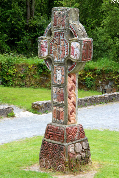 Replica of Irish high cross (900 CE) as used for teaching scriptures at Irish National Heritage Park. Ireland.