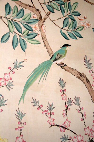 Bird detail of hand painted Chinese wallpaper in Chinese bedroom at Kilkenny Castle. Ireland.